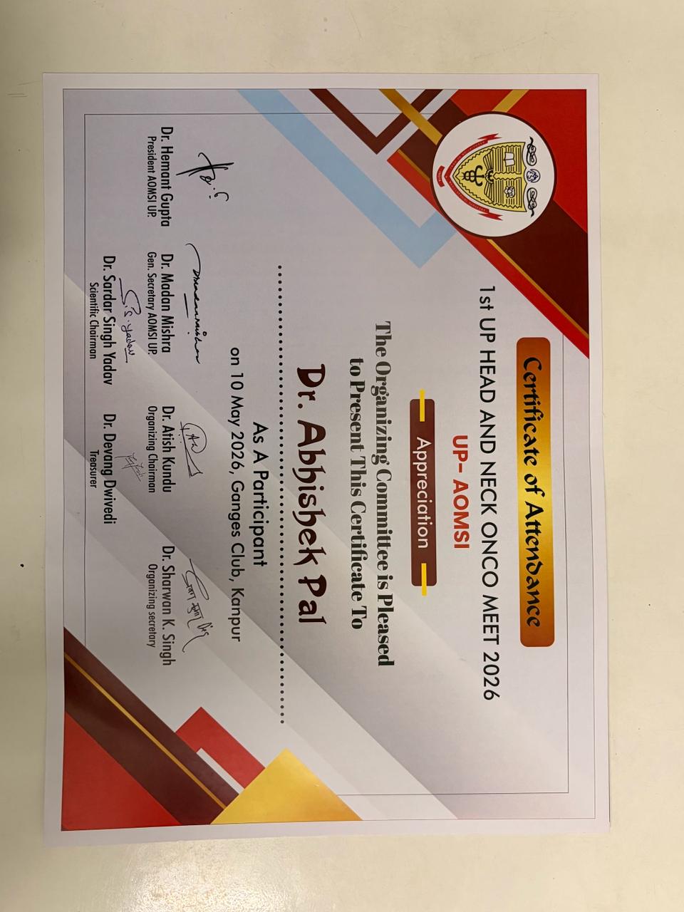 Dr. Abhishek Dental Kanpur clinic certification 2
